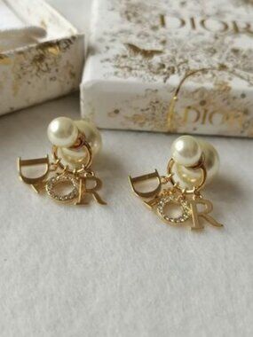 Christian Dior Tribales Crystal Drop Charms and Pearls Gold Tone Stud Earrings